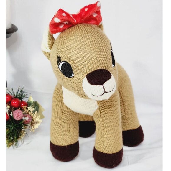 Dan Dee Clarice Reindeer Christmas Plush 11" Knit Stuffed Animal Red White Bow - Picture 8 of 9